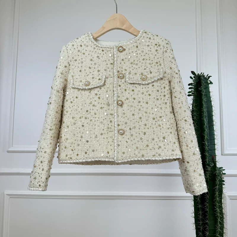 Women High-quality Pink Sequin Tweed Short Coat Fashion Sweet Shiny Versatile Long-sleeved Fragrance French Lady Short Coat view 2