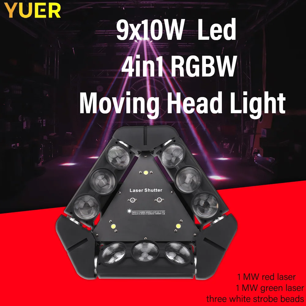 

YUER NEW 9X10W Led 4in1 RGBW Strobe Moving Head Light DMX512 Suitable for DJ Bar Disco Show Club Birthday Party Stage Effect Lig