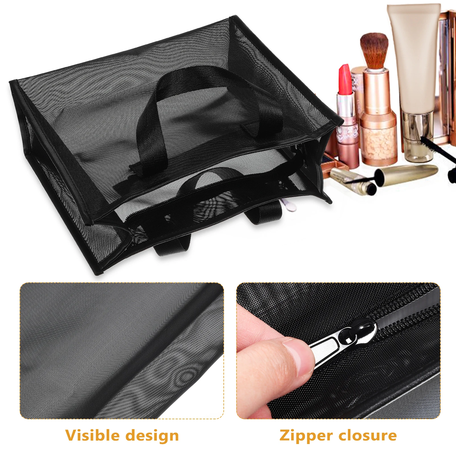 

Nylon Makeup Bag Black 25x22x10cm Mesh Travel Toiletry Storage Pouch with Handle Zipper Women Organizer