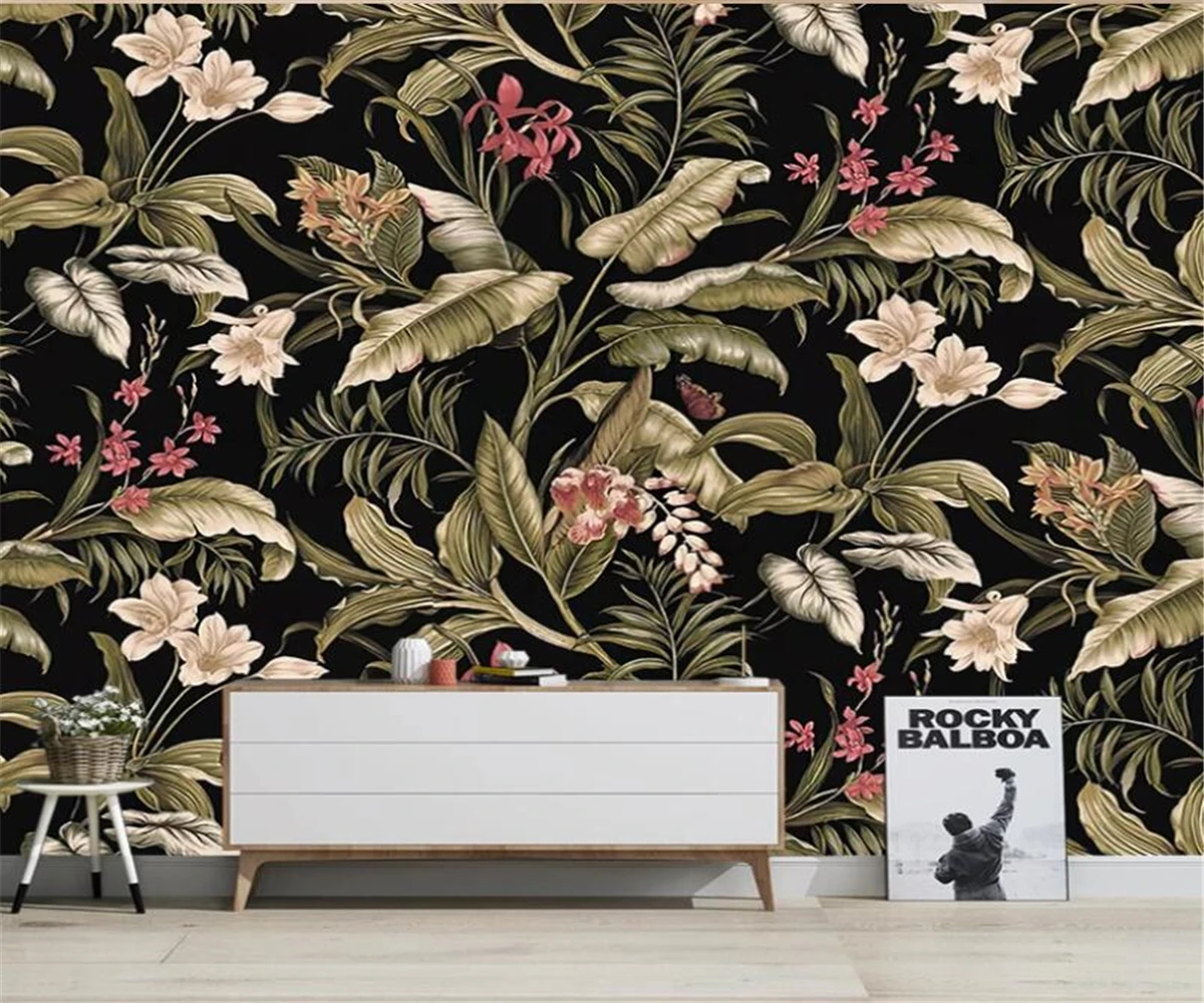 Customized Southeast Asian Leaf Retro Flower animal Living Room Sofa Wallpaper Hand drawn Flower Full House Decoration Wallpaper