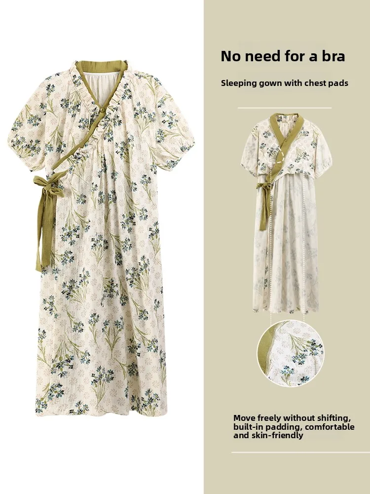 

Summer Thin Cotton Sp Dr Women's Inteated Chest Pad Can Be Worn outside Pure Cotton ort Sve Kimono Sweet Sle M...