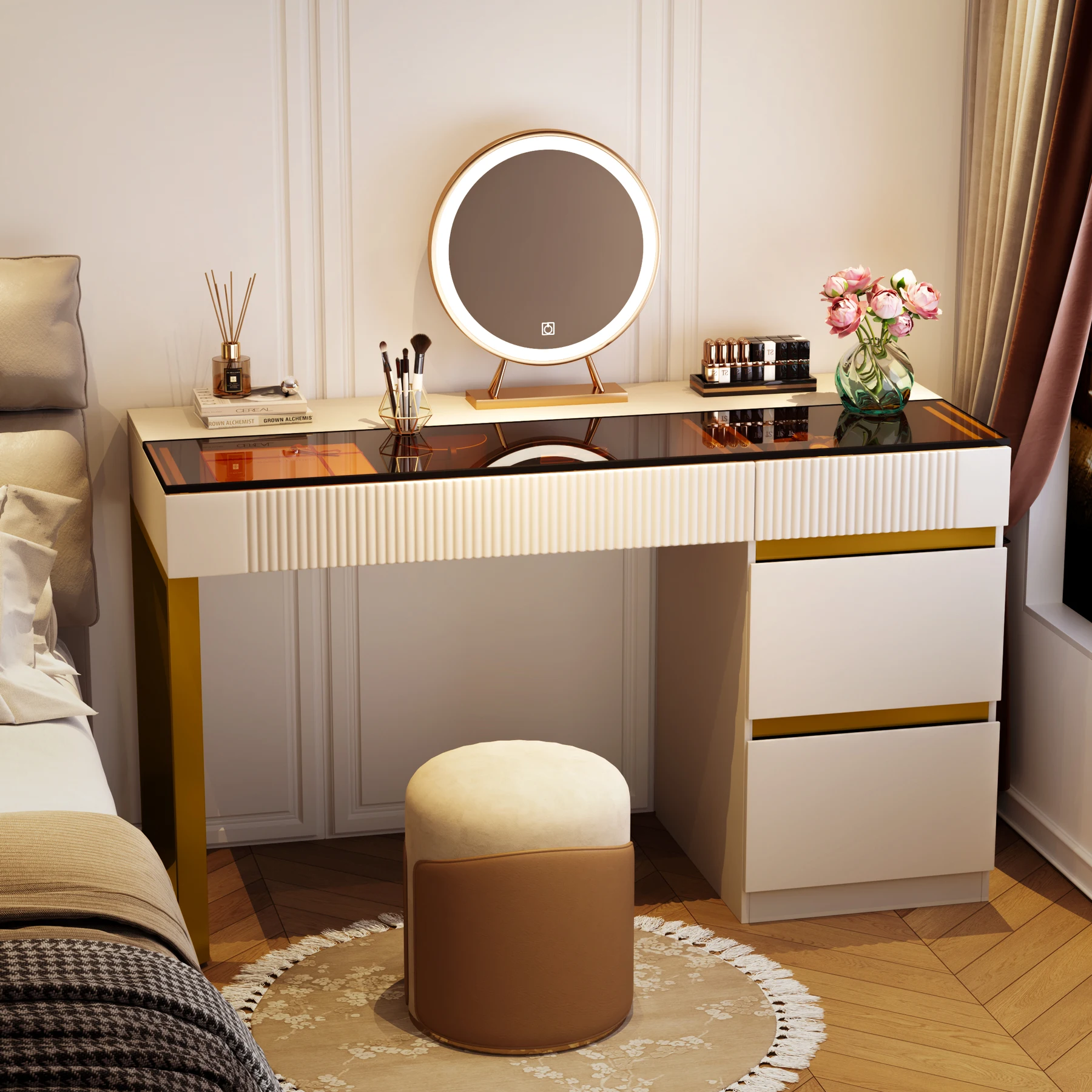 Modern Bedroom Luxury Chair Makeup Dressing Table with LED Mirror and Light Drawer Wood and MDF Modular Storage for Bedroom