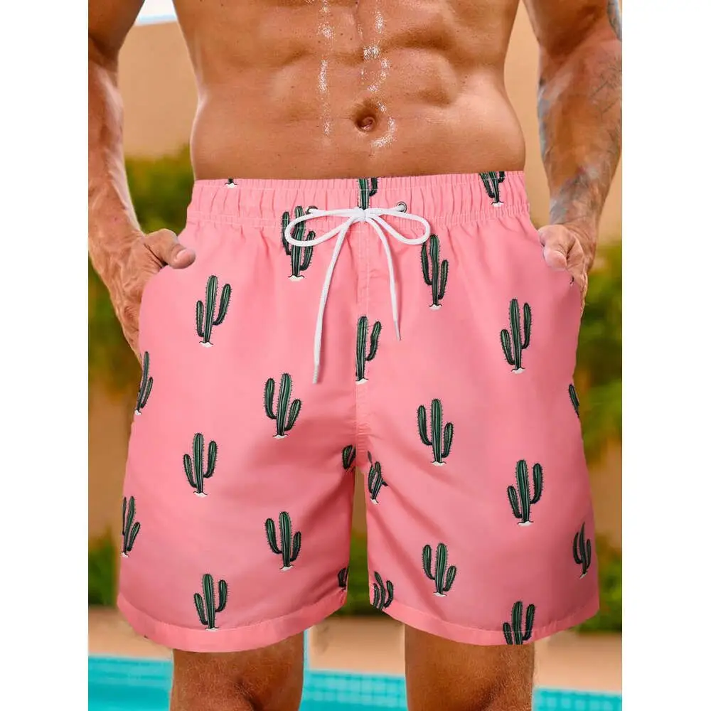 

Men's Surfing Beach Shorts With Cactus Pattern Quick Drying Shorts Hawaiian Casual Black and White Micro Elastic Men's Shorts