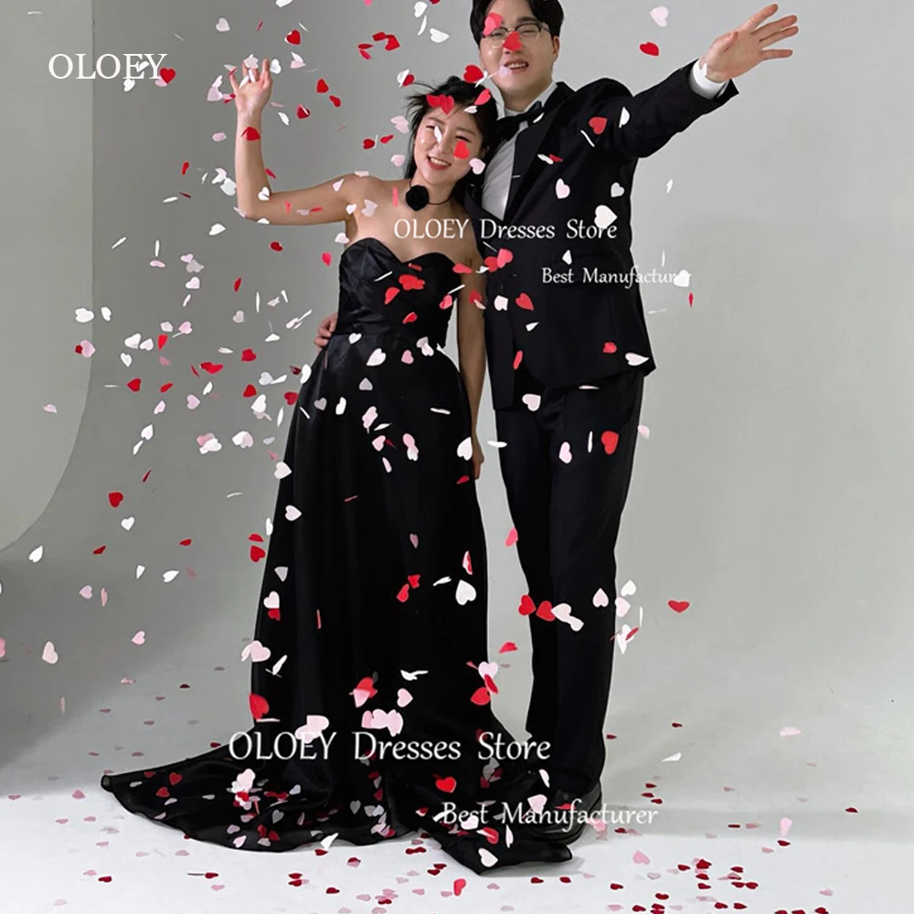 

OLOEY Simple A Line Black Evening Dresses Sweetheart Floor Length Korea Wedding Photoshoot Party Formal Dress Corset Back