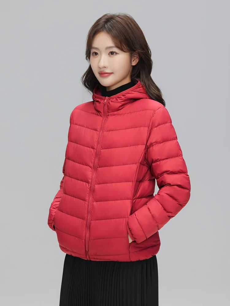 Lightweight Packable Hooded Down Jacket Women Autumn Winter 90% Down Fill Base Layer Jacket Female Solid Color Casual Down Coats