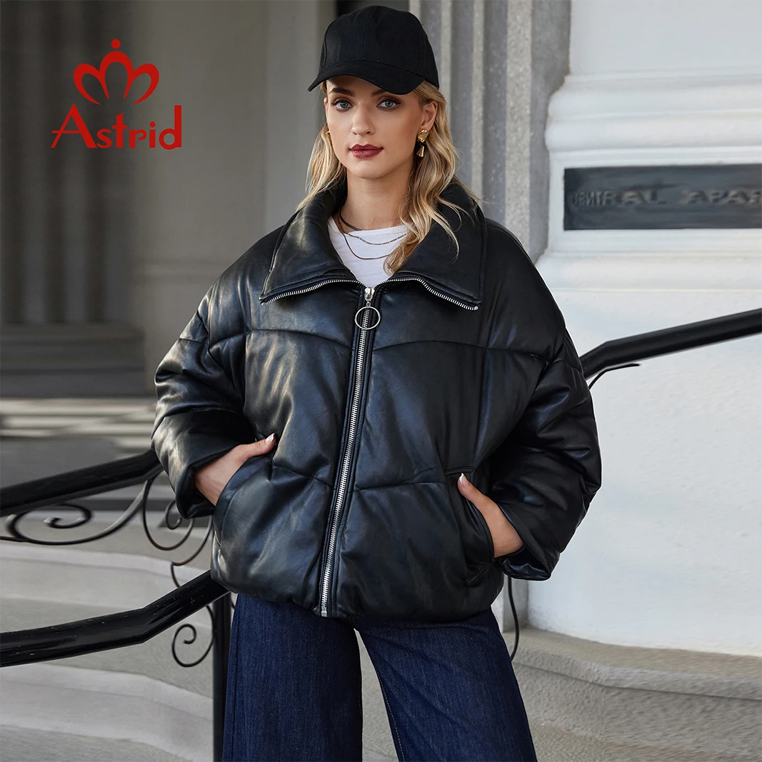 Astrid 2024 Winter Faux Leather Short Jacket Women Warm Padded Coat Female PU Leather Parkas Quilted Fashion Outerwear girls 67