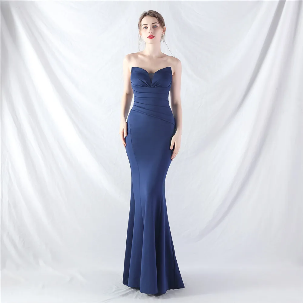 Elegant Navy Long Mermaid Dress Evening Backless Sweetehart Pleated Spandex High Quality Wedding Party Prom Gowns Dropshipping