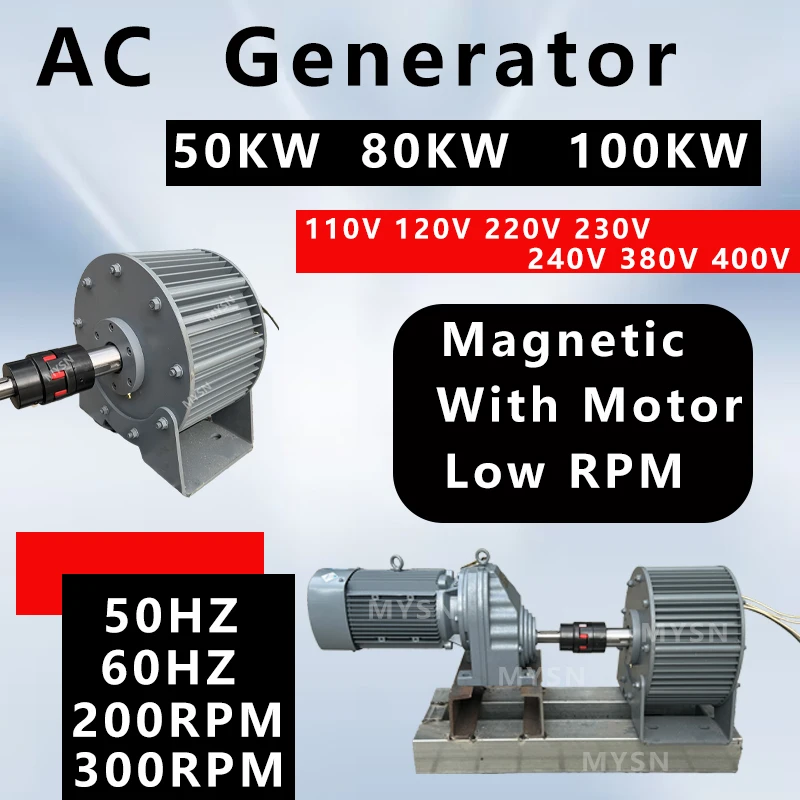 

110V-400V Low Speed Generator Set 50KW 80KW 100KW 3 Phase AC Low RPM Permanent Magnetic Generator With Driving Motor DIY