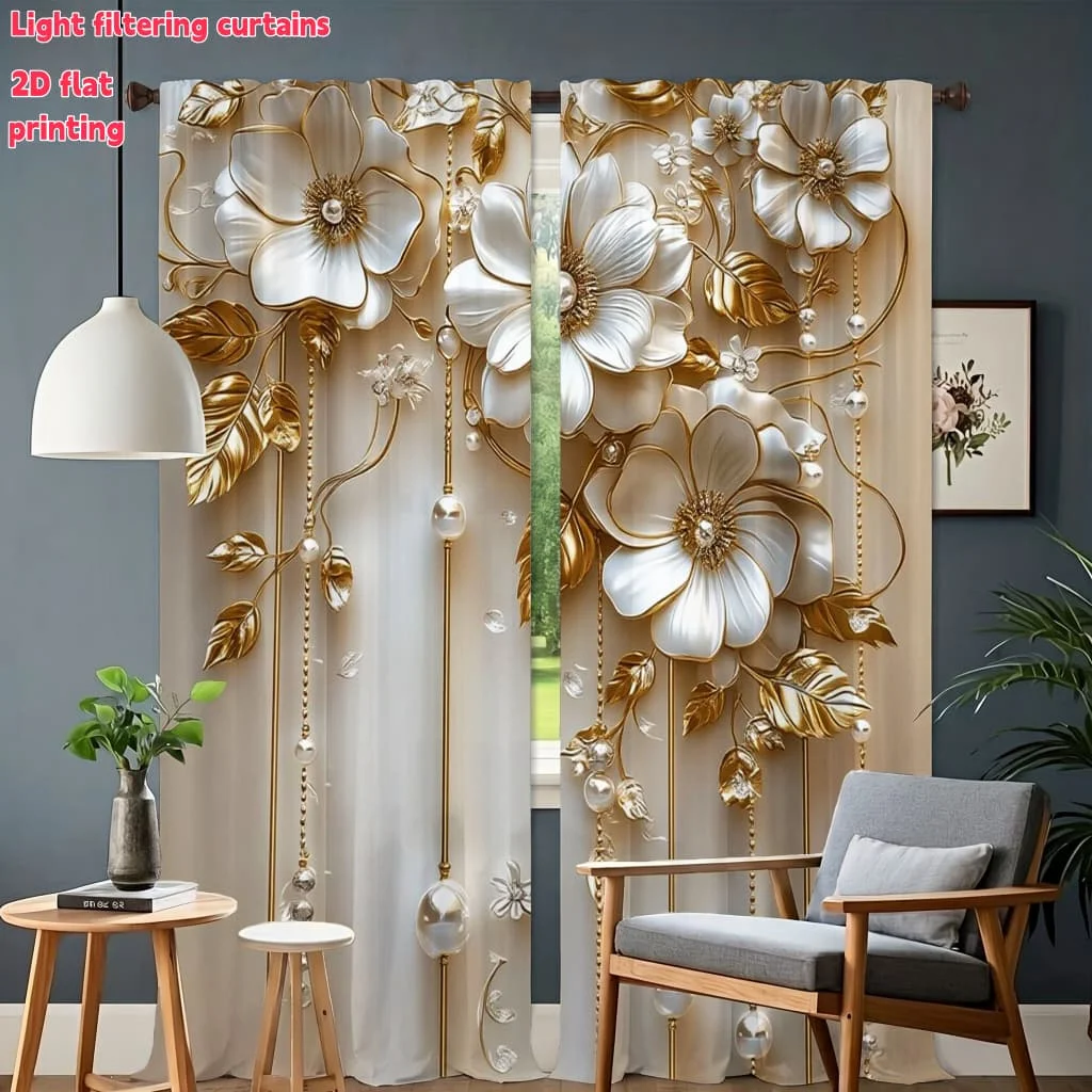 2 Pieces, Luxury 2D Embossed Floral Design Curtains, Elegant White and Gold Flower Decor for Living Room, Bedroom and Home Decor