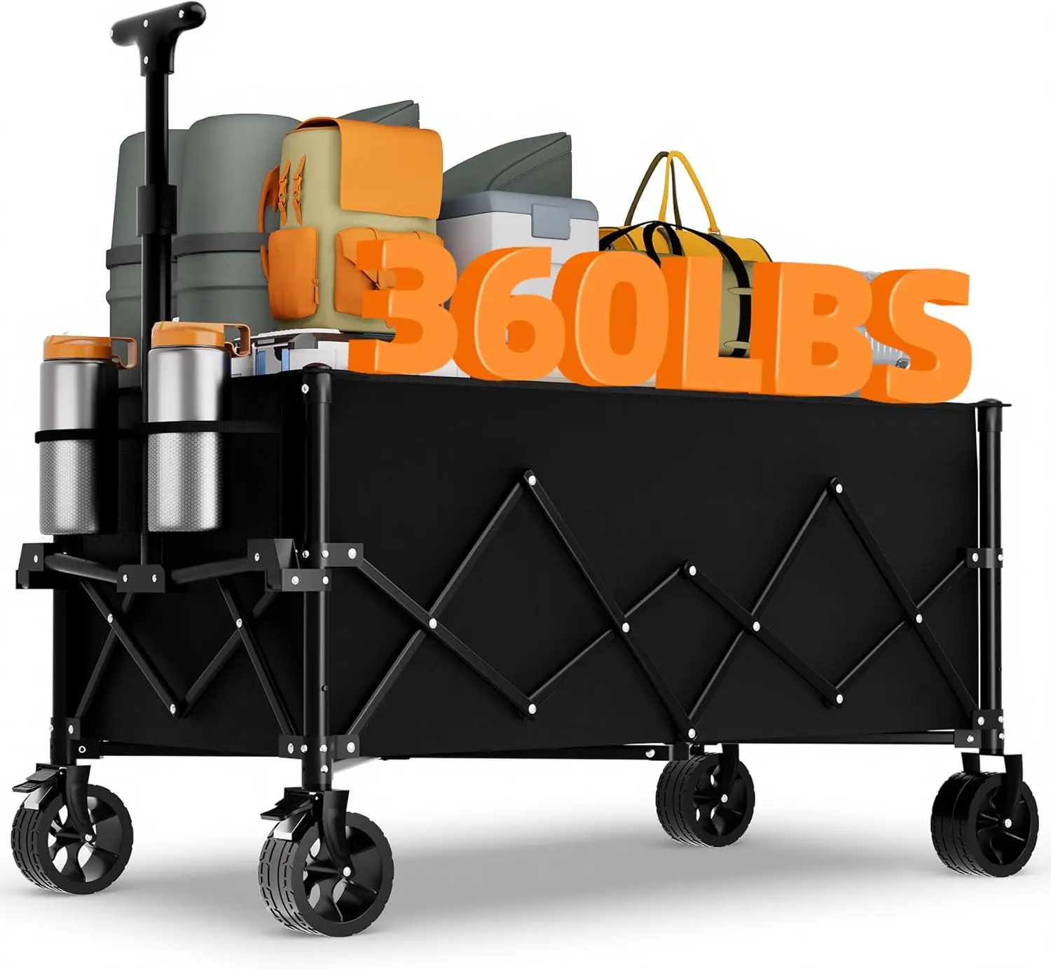 

Очень большая складная тележка с емкостью 220 л, вездеходными колесами и тормозами для наружного использования.