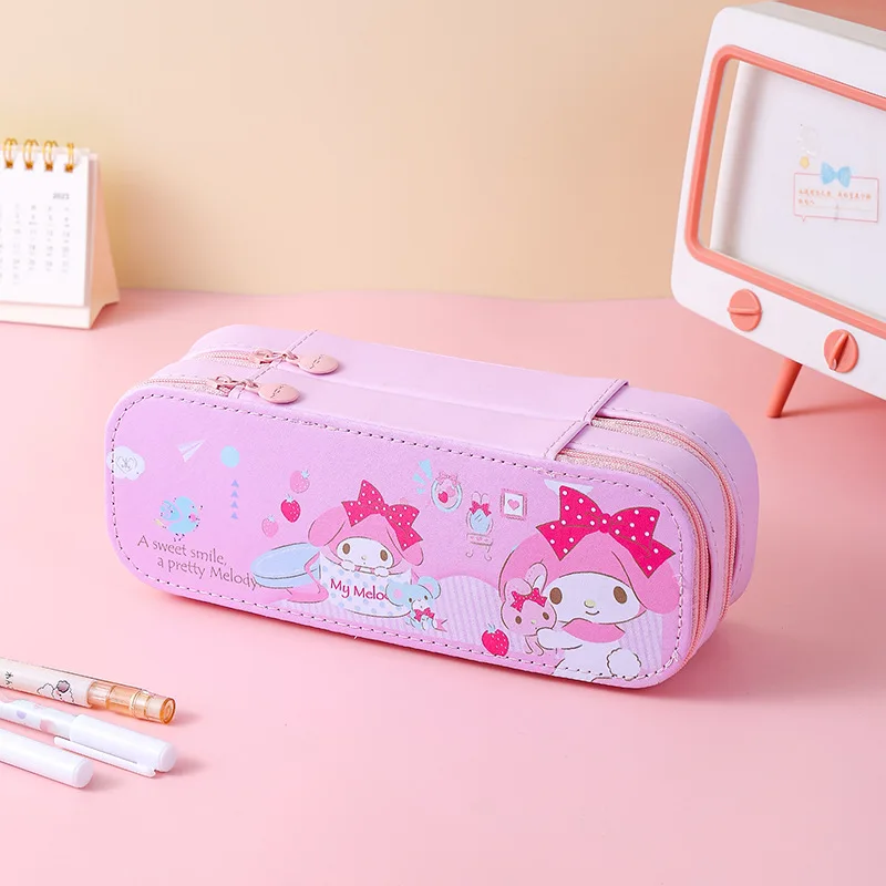 Sanrio Pencil Case Cute PU Large Capacity torage Double Layer Kawaii Kuromi Cinnamoroll Melody Pencils Bag Supplies Stationery