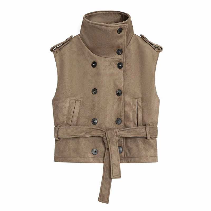 YENKYE High Neck Sleeveless Faux Suede Belt Vest For Autumn Women Double Breasted Vintage Casual Cropped Waistcoat