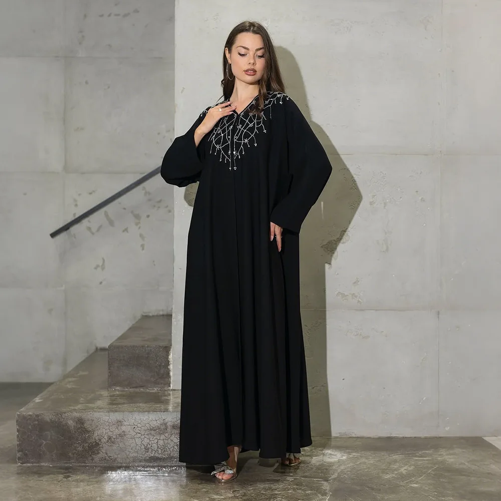 

Diamonds Inner Dress Black Abaya 2pcs Set for Muslim Women Kaftan Turkey Caftan Marocain Femme Robe Islam Clothing Jalabiya Arab