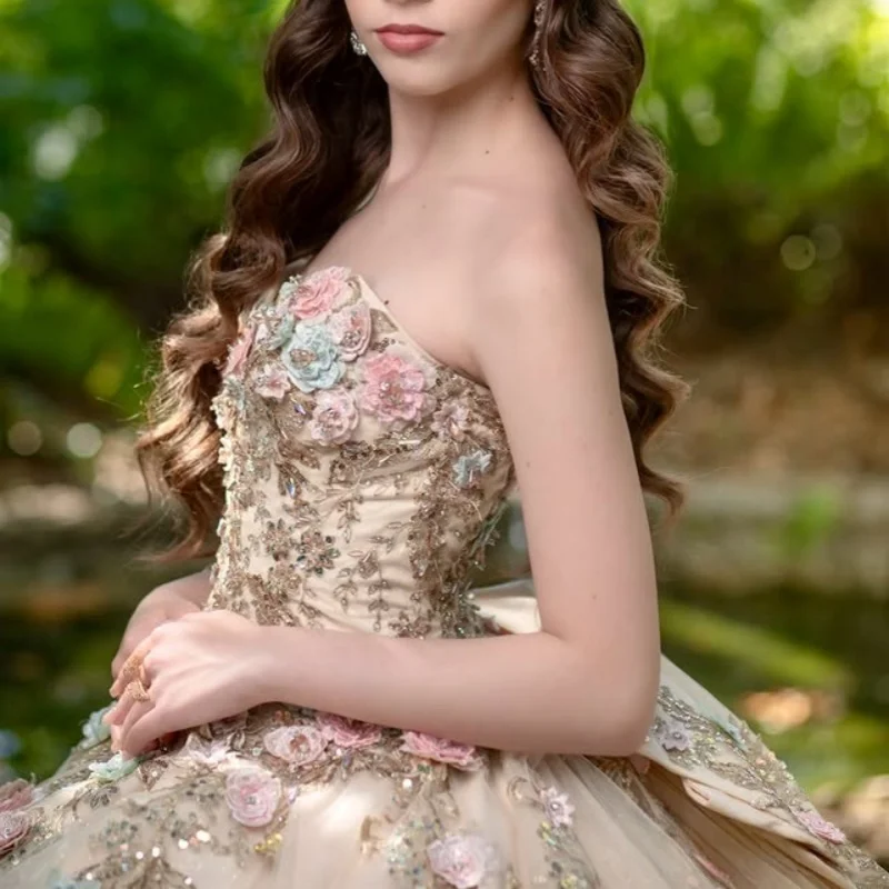 Customized Shiny champagne color Quinceanera Dresses Off the Shoulder Tull sequin applique 3D flower Vestido De 15 Quinceanera