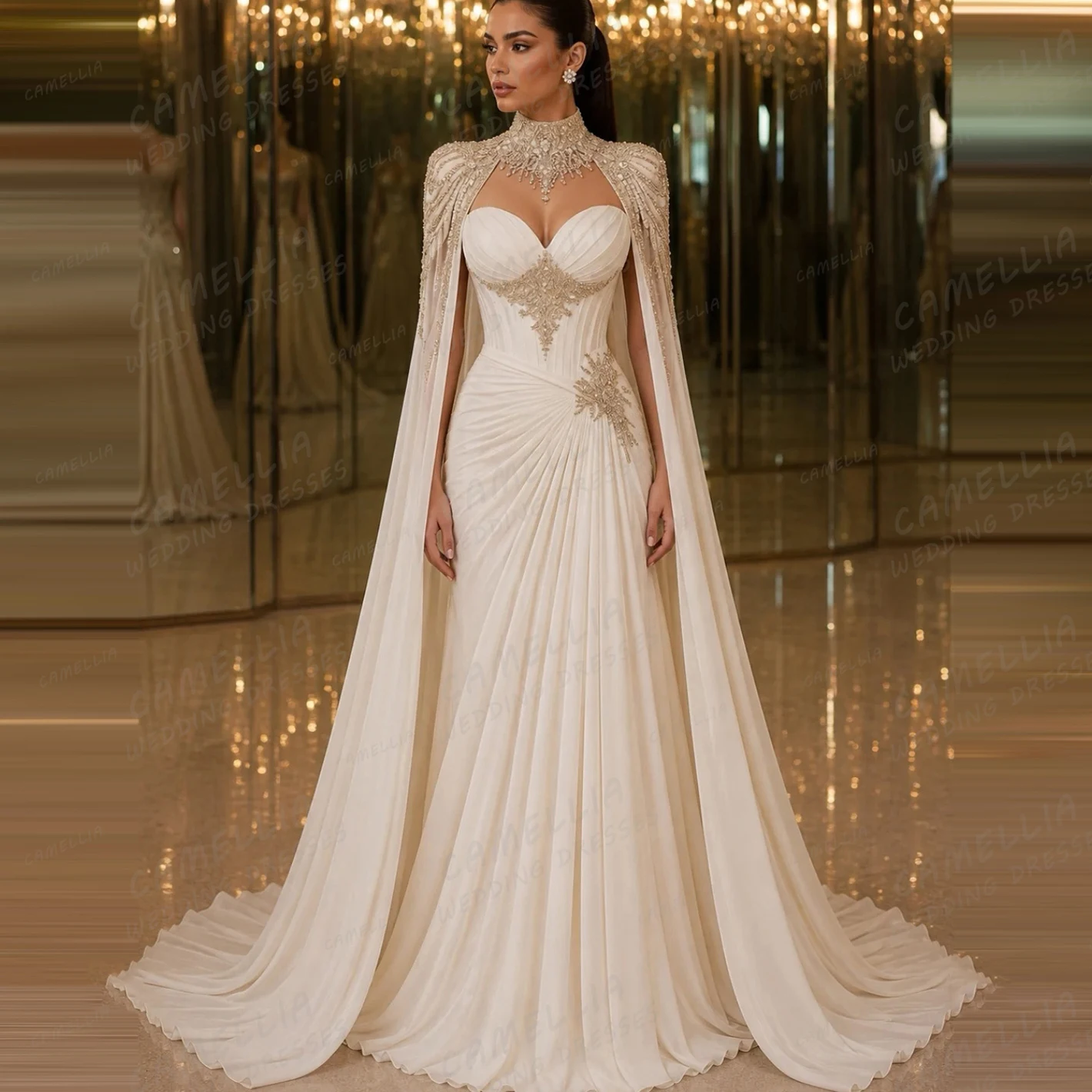 Exquisite Lace Shawl Wedding Dresses Customized Women's Appliques Mermaid Bridal Gowns Sleeveless Sweep Train Vestidos De Novia