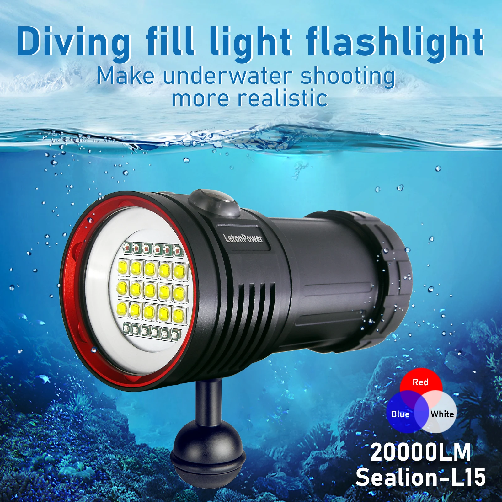 LetonPower Diving Flashlight 22800Lumens Rechargeable Underwater Lighting 100m Waterproof Torch For Photography Video Fill Light