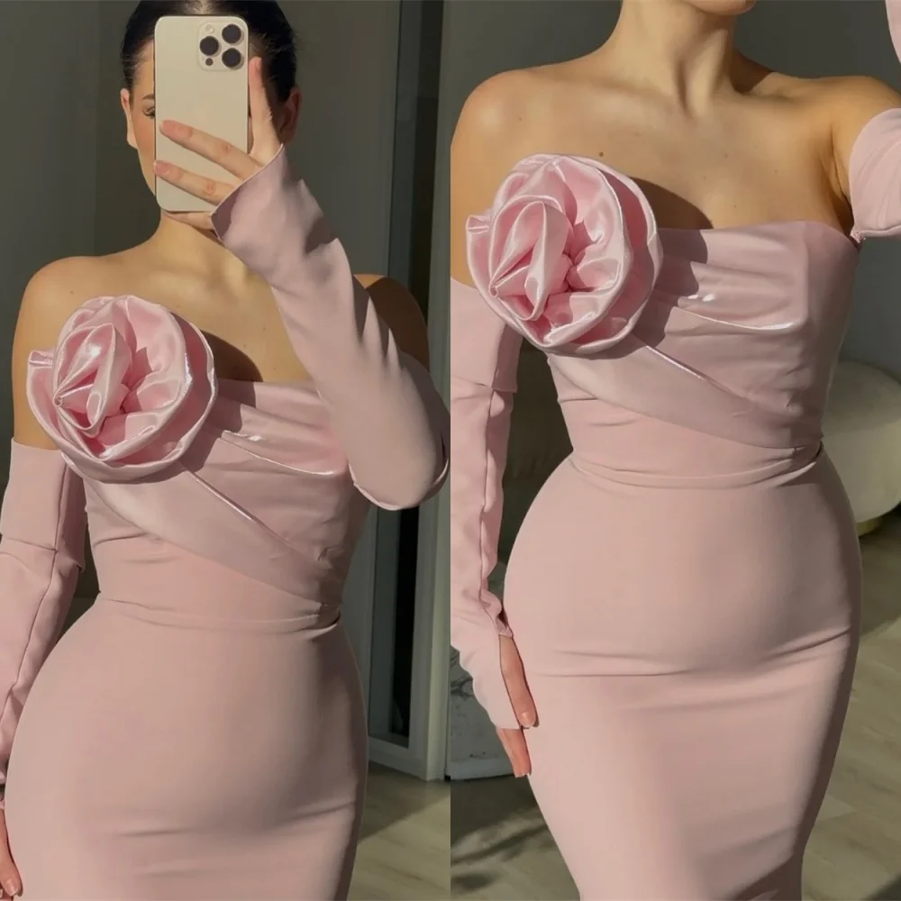 فستان سهرة من الجيرسيه الوردي بمزاج مخصص عالي الجودة بدون حمالات وأكمام طويلة فساتين المشاهير فستان حفلات رائع