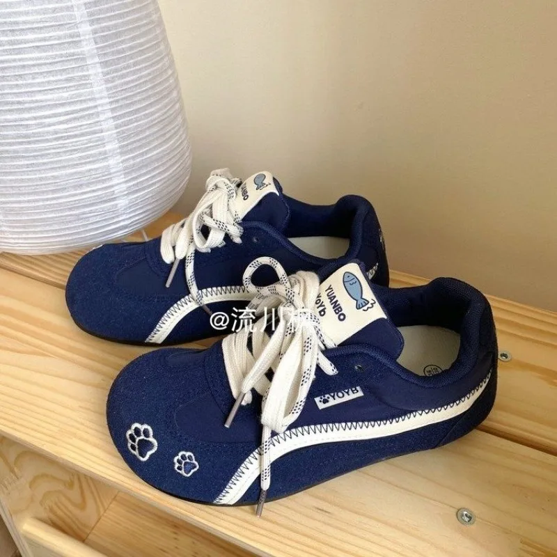 Women Round Big Toe Retro Trainer Shoes Double Lace‑up Color Block Suede Patchwork Flat Sneakers Female Street Daily