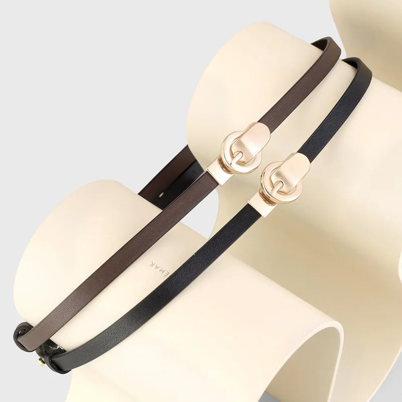 Genuine leather thin waist belt with a designed circular buckle waist seal, suitable for matching with skirts and trousers