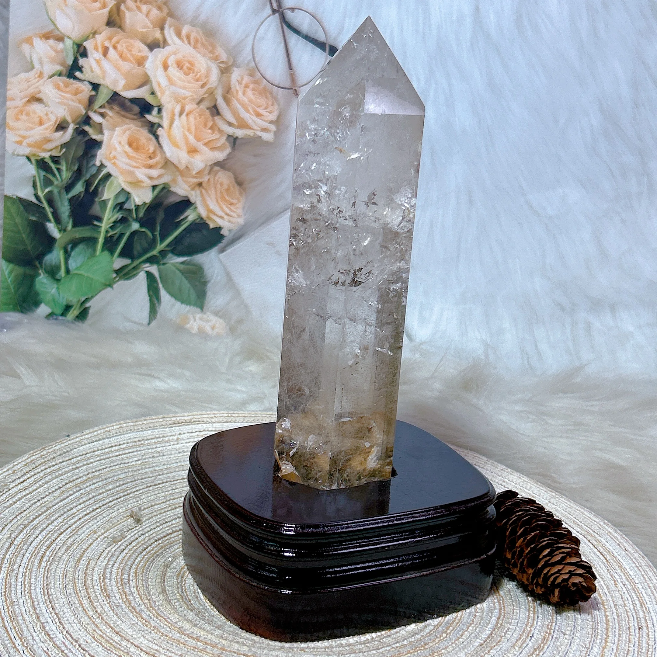 Healing Natural Crystals Clear Garden Quartz Rainbow Tower Raw Stone+Give Wood Base High Quality Energy Ornament Room Decor Gift