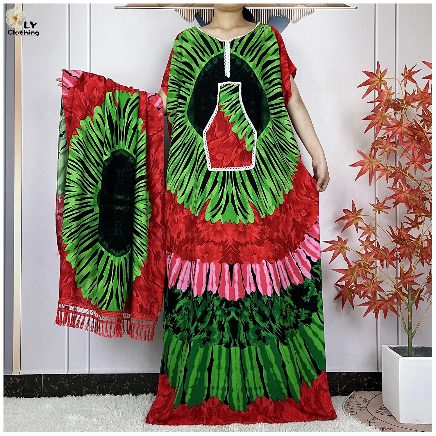 

New Lady's Dress With Big Scarf African Abaya Summer Women Short Sleeve Cotton Dashiki Printed Floral Loose Islam Casual Robe