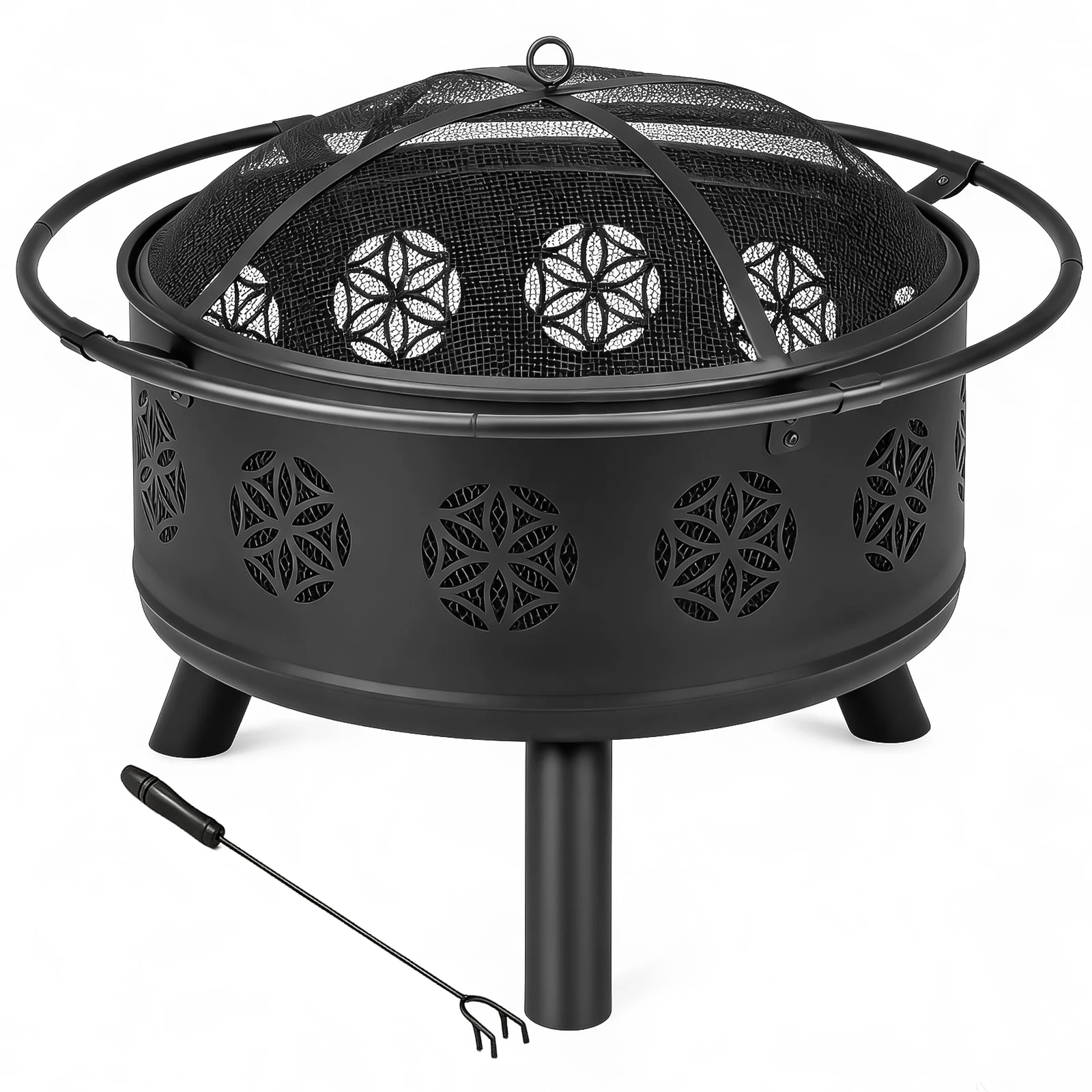 30 Inch Round Wood Burning Fire Pit, Heavy‑Duty Wrought Iron Fire Bowl with Floral Cutout, Spark Screen Lid & Poker Tool for Backyard Patio Garden Camping Black