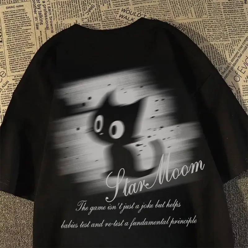 

100% Pure Cotton American Retro Creative Fuzzy Cat Print Short-sleeved T-shirt Men's and Women's Summer Loose Couple Tops