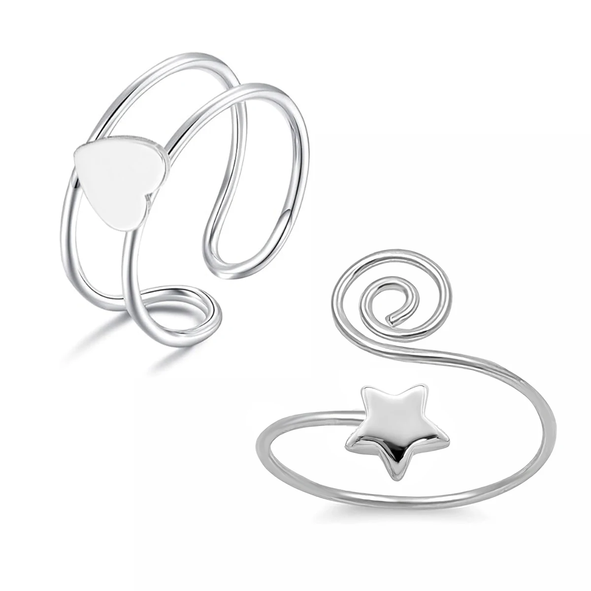 Adjustable Heart Star Toe Rings for Women Minimalist Stainless Steel Spiral Open Foot Ring Cuff Summer Beach Body Jewelry