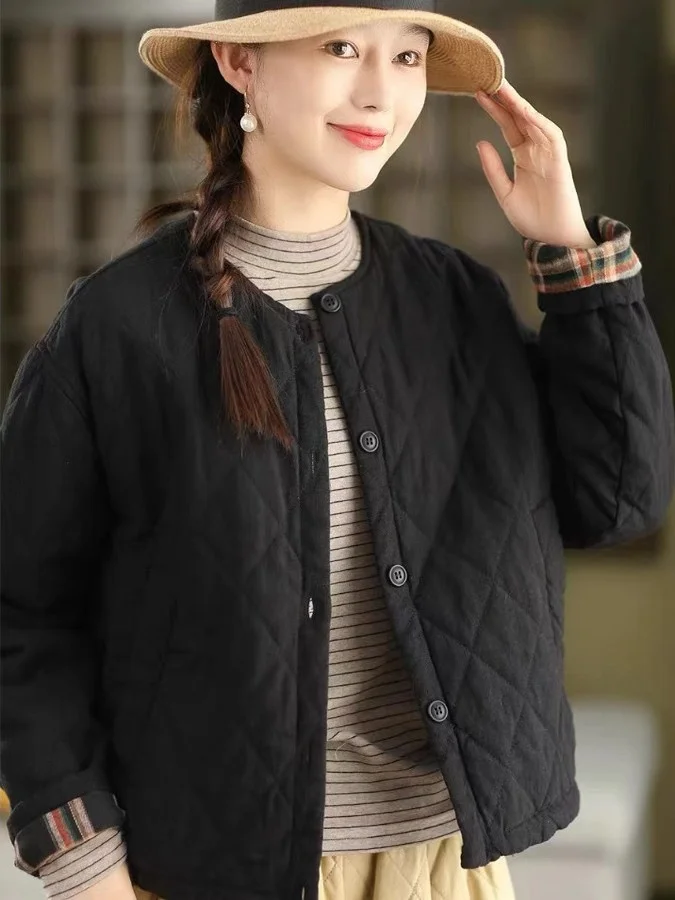 Thiened ريترو الشتاء ملابس خارجية المرأة معطف غير رسمي اللون محبوك منقوشة القطن شغل لا علامة جولة Ne زر واحد
