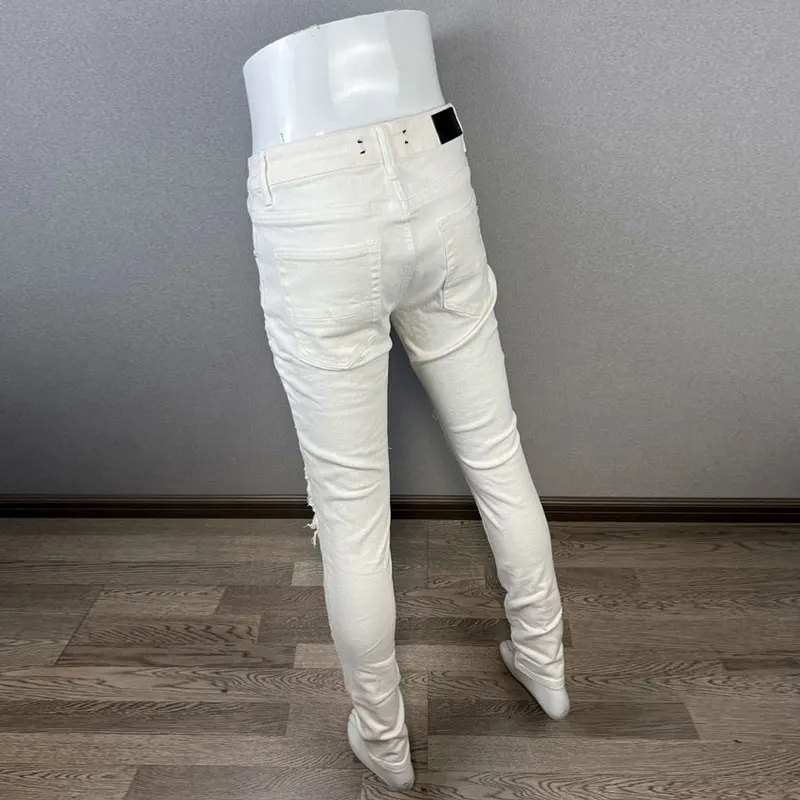 Street Fashion Men Jeans High Quality White Elastic Stretch Skinny Ripped Jeans Men Patched Designer Hip Hop Brand Pants Hombre