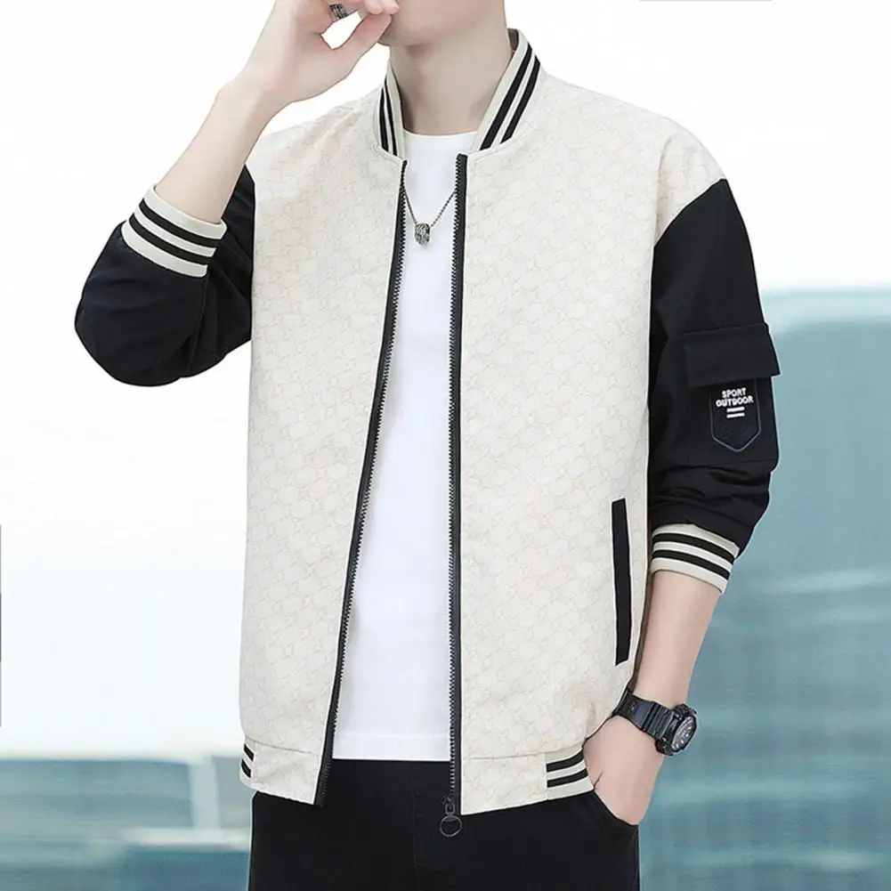 

Men Jacket Mid-aged Men's Lightweight Baseball Jacket with Stand Collar Zip-up Closure Contrast Color Design Plus for Spring