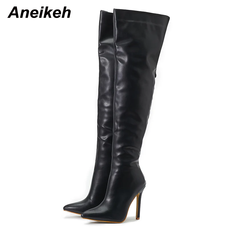 Aneikeh 2024 New Long Shoes for Women Over the Knee Sexy Pointed Toe Thin High Heel Solid PU Modern Boots Bottine Femme Talon