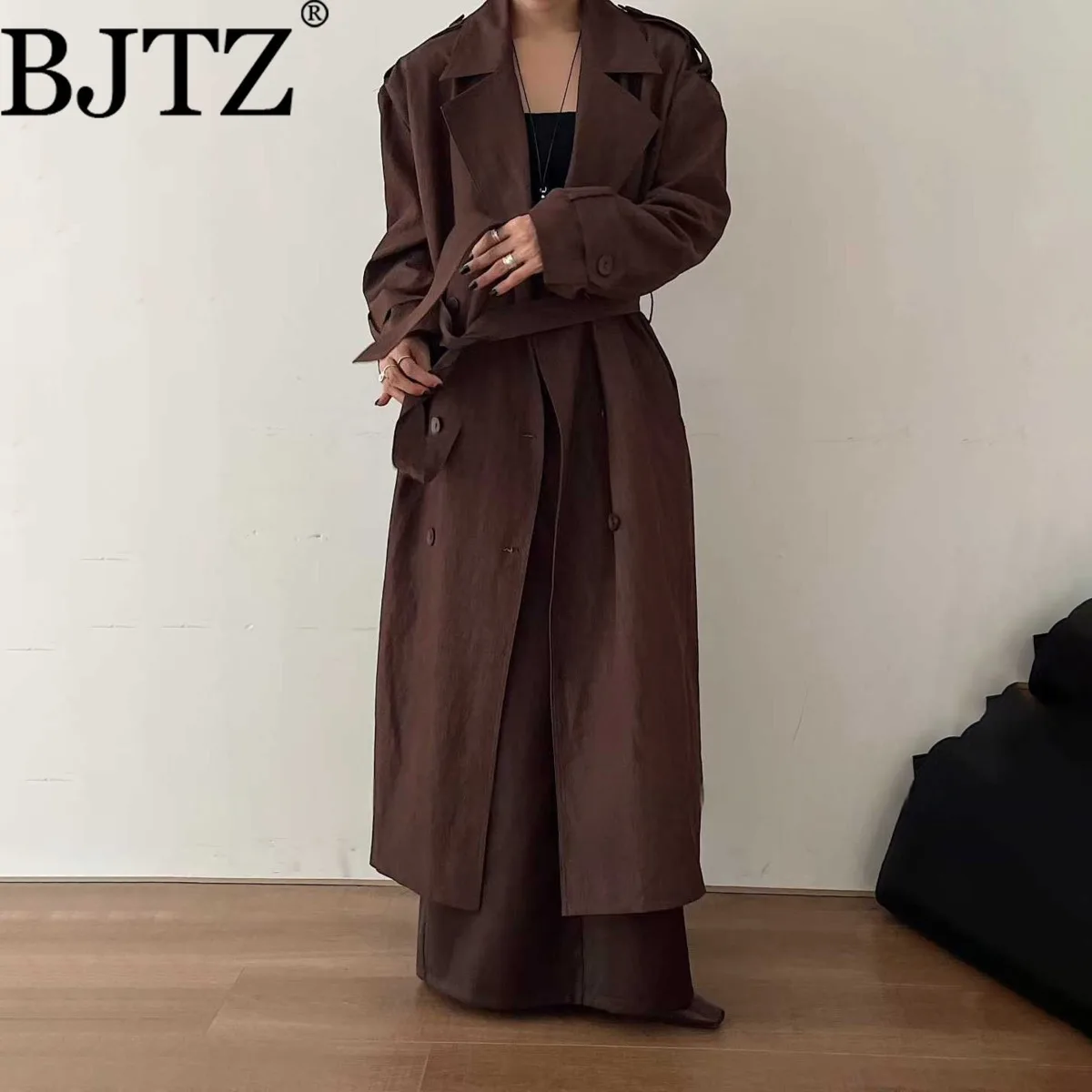 

BJTZ однотонный свободный плащ с поясом и завязками на талии для женщин, весна-осень 202, новая модная темпераментная верхняя одежда