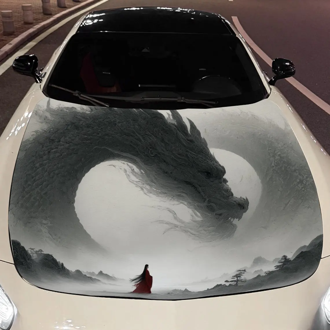 

The Dragon and the Woman in Red Car hood packaging sticker, PVC material, self-adhesive waterproof, anti-slip paint, car exterio