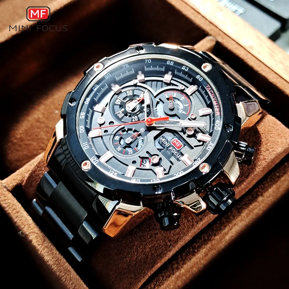 MINI FOCUS 2026 Dress Watch Men Chronograph Quartz Wristwatch with Black Stainless Steel Strap Luminous Hands Date Waterproof