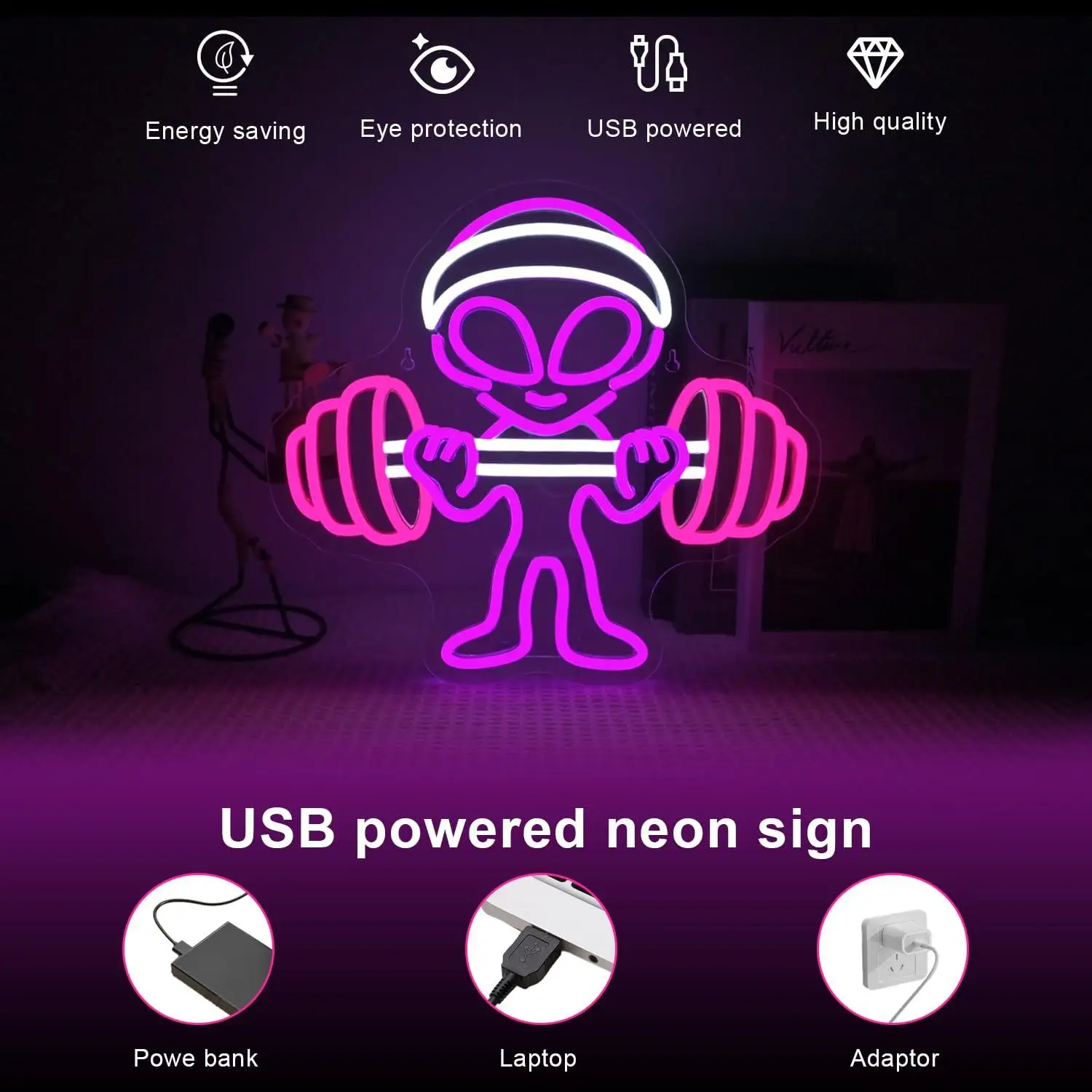 Alien Neon Sign Dumbbell Gym USB Dimmable LED Lights for Shop Bar Man Cave Exercise Room Bedroom Teen Room Game Room Decor - view 4