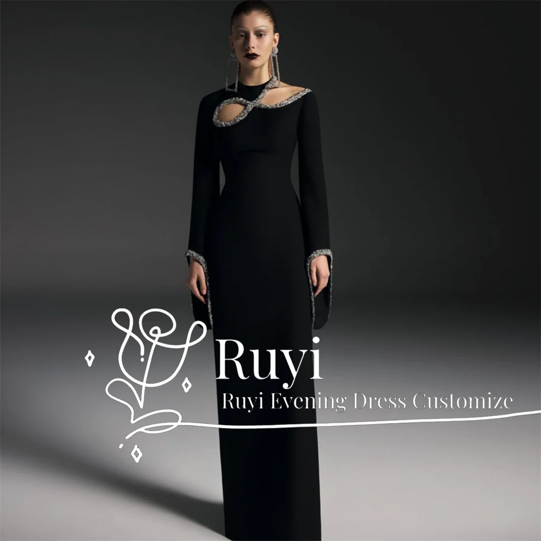 Customized Black Crepe Beaded Long Sleeves Luxury Evening Dresses For Special Occasion O-neck Cut-out Evening Dress