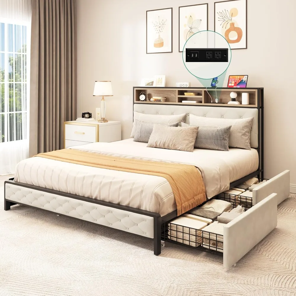 

DWVO Queen Size Storage Bed Frame with 4-Drawer, Upholstered Platform Bed Frame with USB Charging Ports & Bookcase Headboard, Si