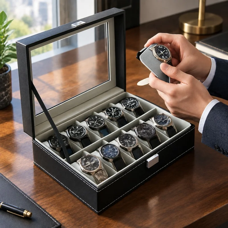 PU Leather Display Organizer with Glass Lid, Multi-Compartment Storage Box for Watches and Jewelry, Men's Accessories Keeper