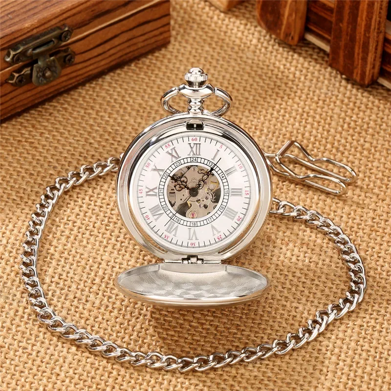 Silver Full Hunter Pocket Watch Matte Case Roman Number Automatic Mechanical Clock with Pendant Chain Clock for Men Women Gift