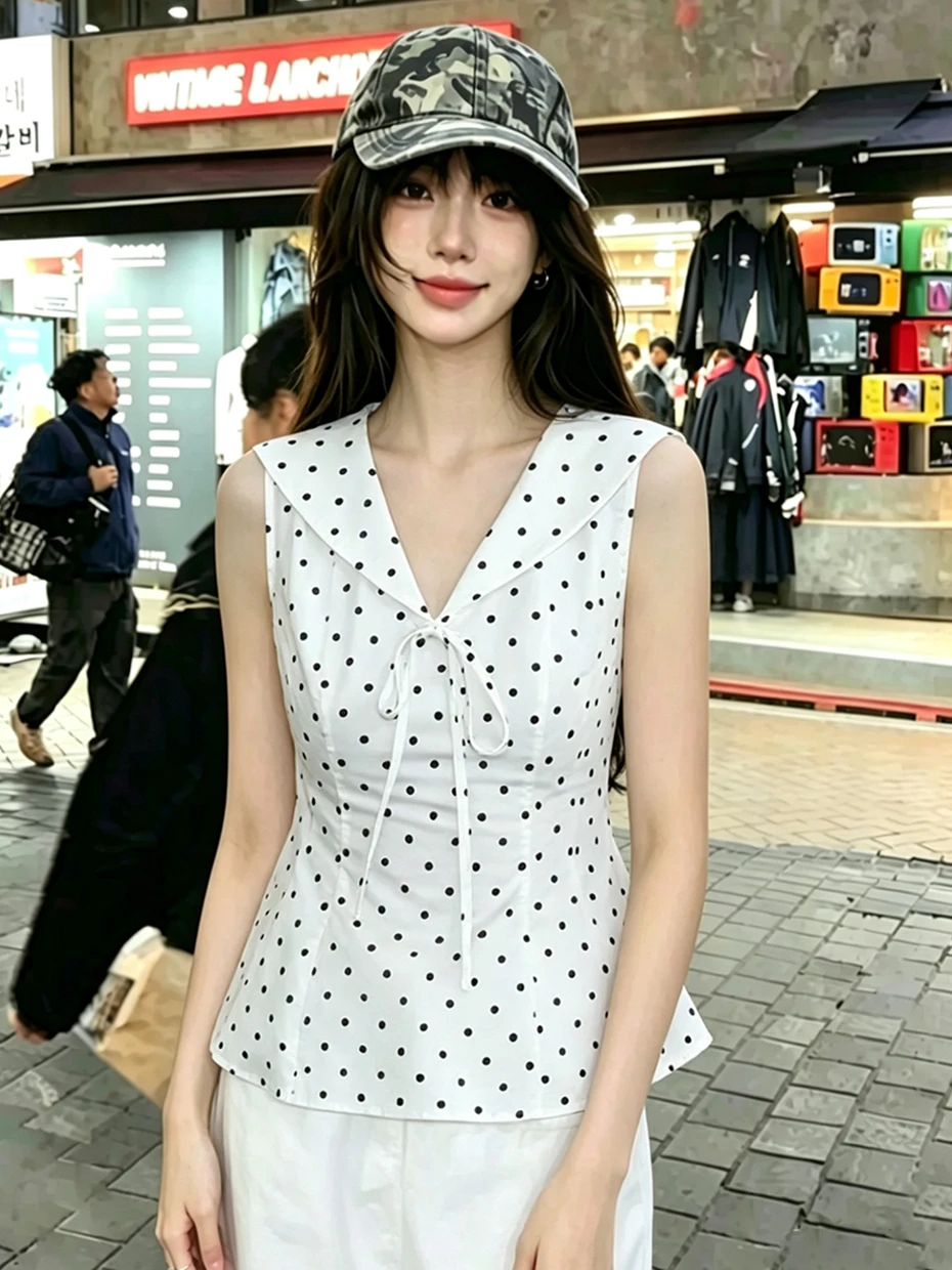 Polka Dot Naval Collar Sleeveless Vest Women's Outerwear Summer V-neck Waist-cinching Unique Beautiful Chiffon Top