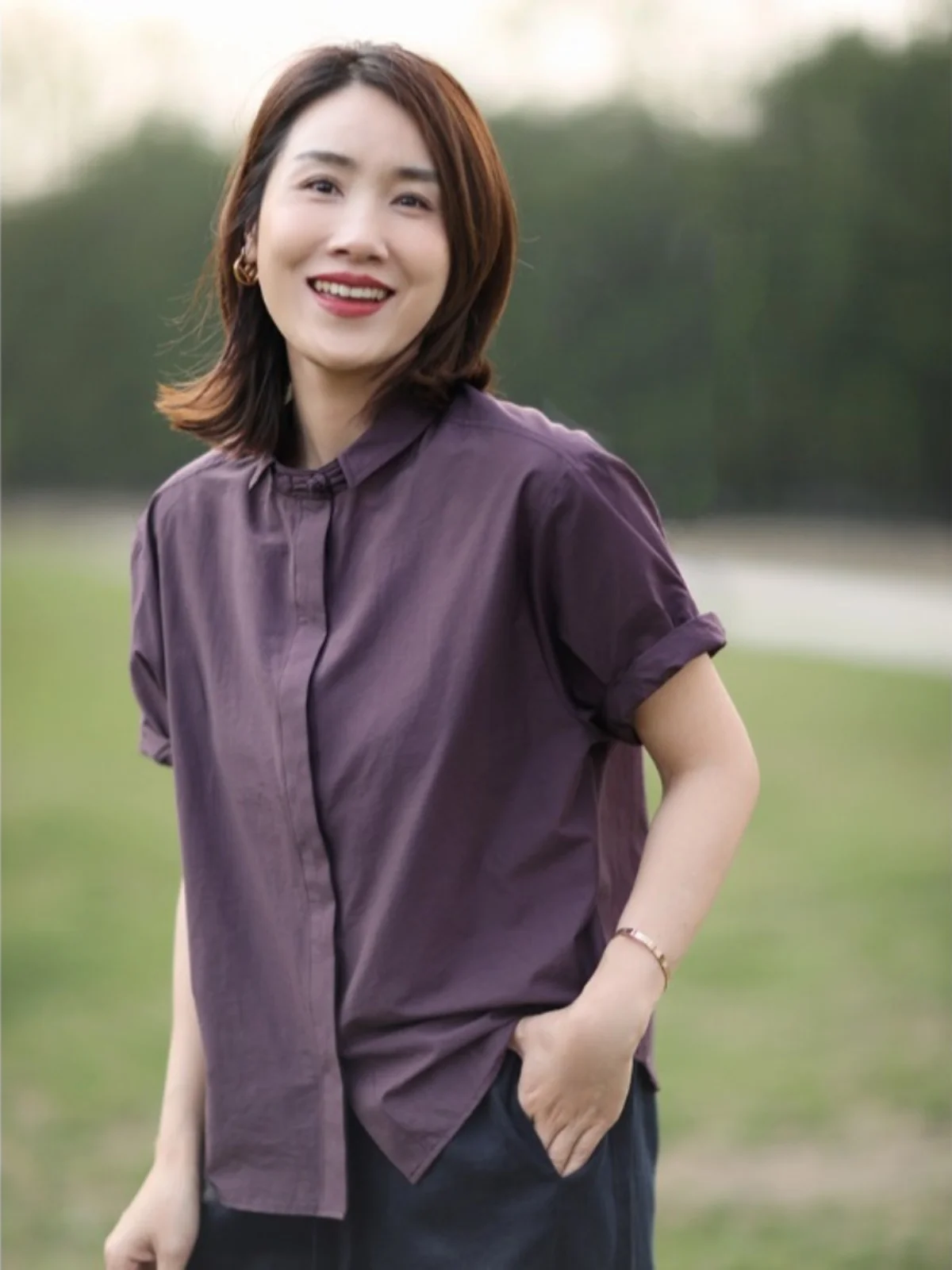 جديد الصينية Sle ort Sve irt المرأة الصيف تخفيف فضفاض عادية زر واحد صغير irt الياقة العلوية لون نقي #4