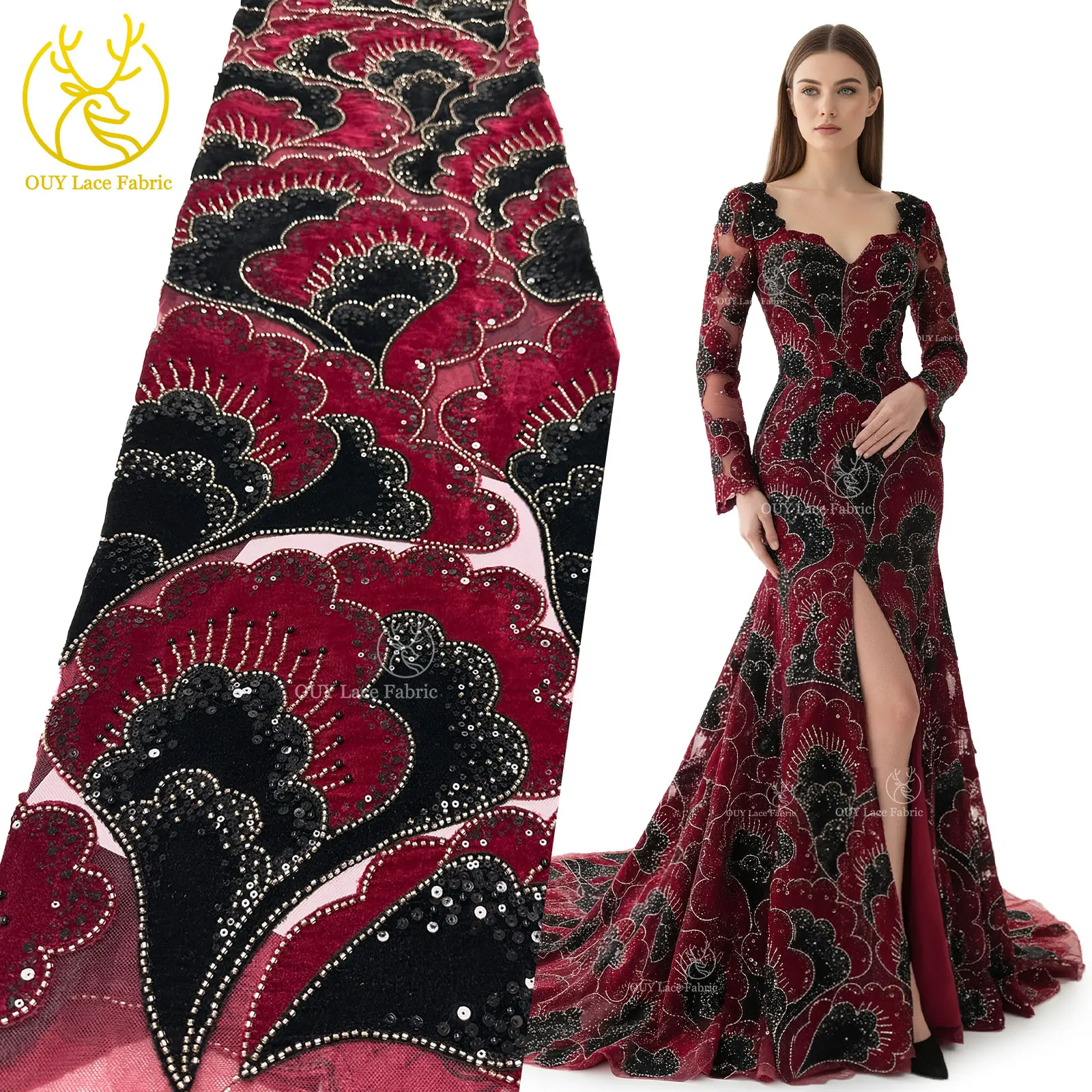 Neuester Samt-Blütenblatt-Pailletten-Spitzenstoff 2026 Hochwertiger afrikanischer Perlen-Tüll-Spitzenstoff für Hochzeit, Party, Kleid, Nähmaterial – Detail 12