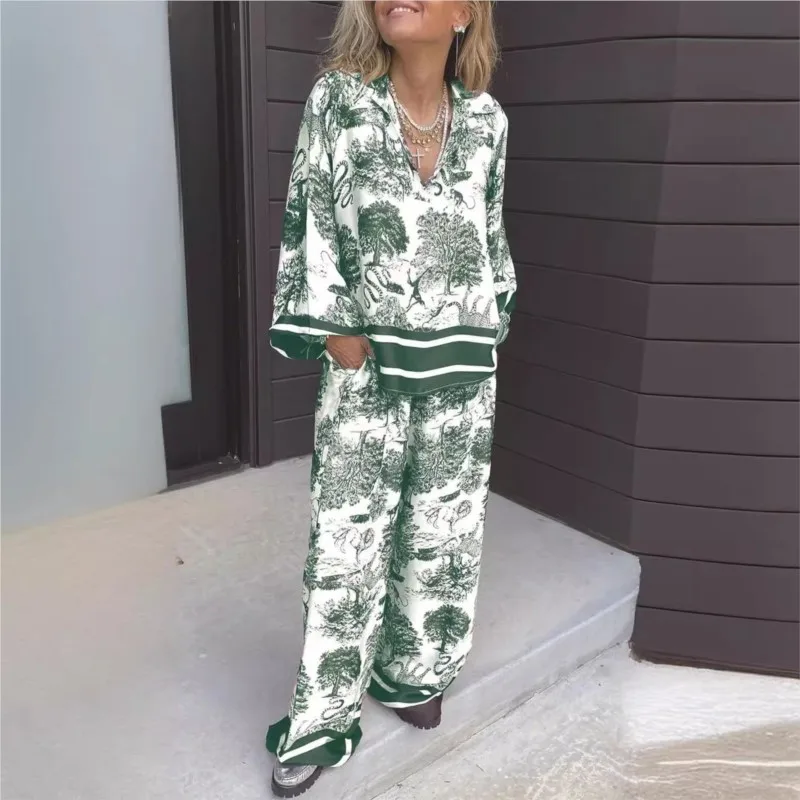 Spring Autumn New Printed Flared Long Sleeved Shirt Women Suit Casual Loose Pocket Wide-leg Trousers Female Office 2 Piece Set