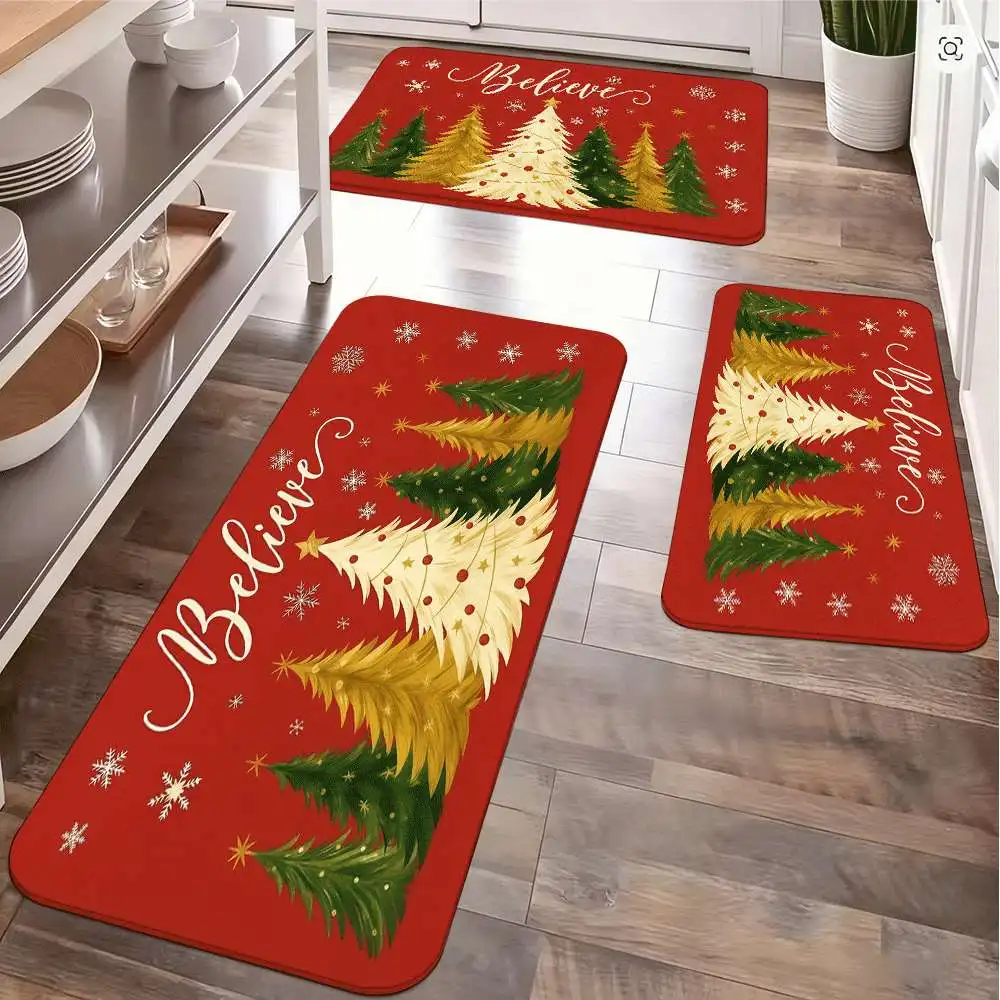 

Christmas "Believe" Non-slip Floor Mat Set A Symphony of Gold-colored Christmas Trees and Snowflakes Patterns Festival Door Mat