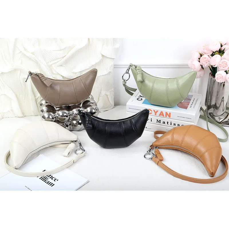 2023 New Fashion Cowhide Croissant Bag Female Halter Neck Shoulder Dumpling Bag Genuine Leather Cosmetics Storage Underarm Bag