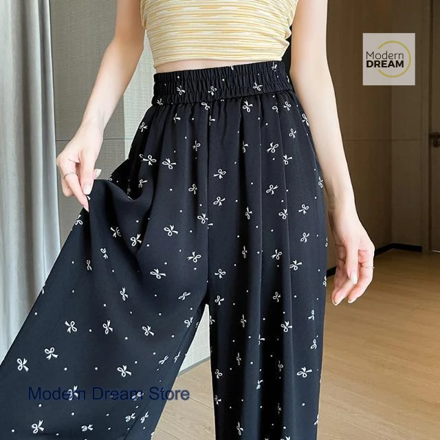 

Korean style BlackBowKnot printed ice silk wide-leg pants women's summer new fashion high waist thin casual Joker straight pants