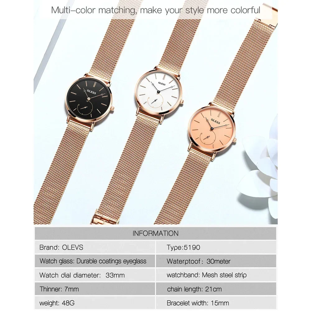 OLEVS Elegant Quartz Watch for Women Mesh Stainless Steel Women's Watch Independent Seconds Dial Wateroroof Business Wristwatch