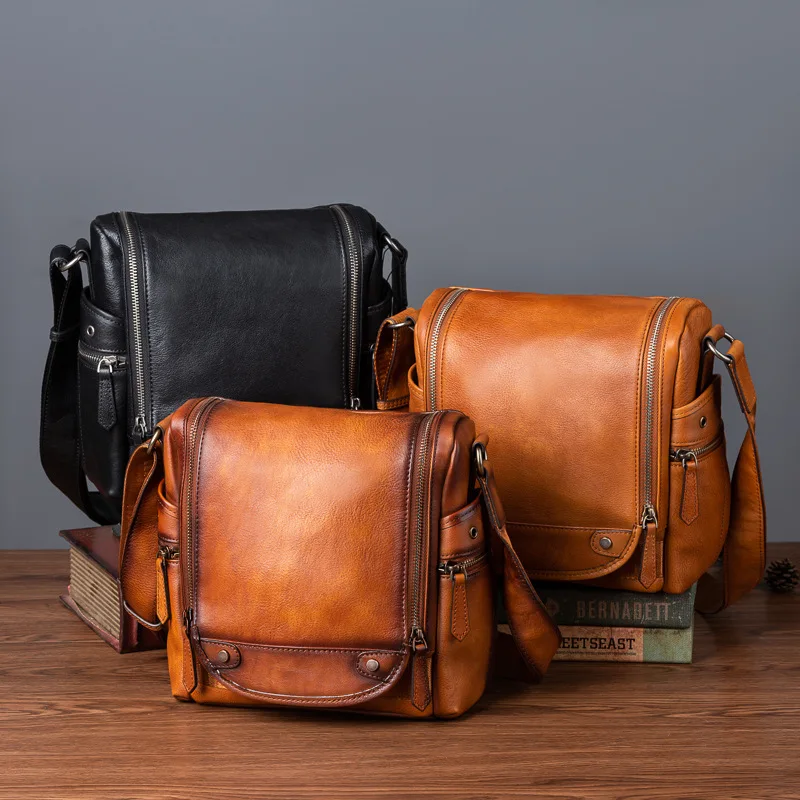 High tree planting tanned leather pocket large capacity to receive more oblique cross package one shoulder high-grade backpack