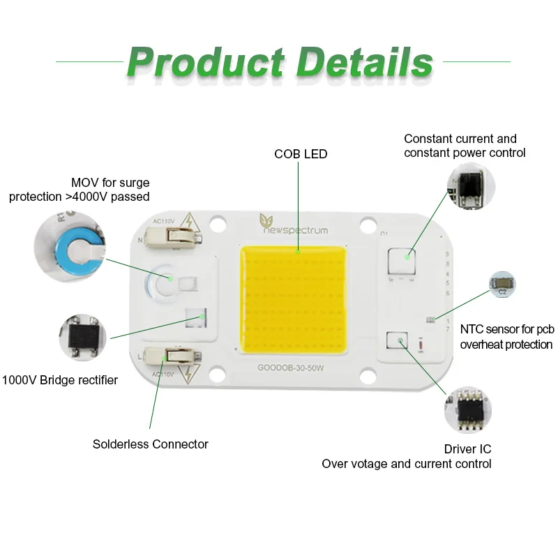 AC110V nessuna saldatura DOB LED COB Chip 50W Driverless freddo bianco caldo perline lampada per proiettore serra spettro completo coltiva la luce